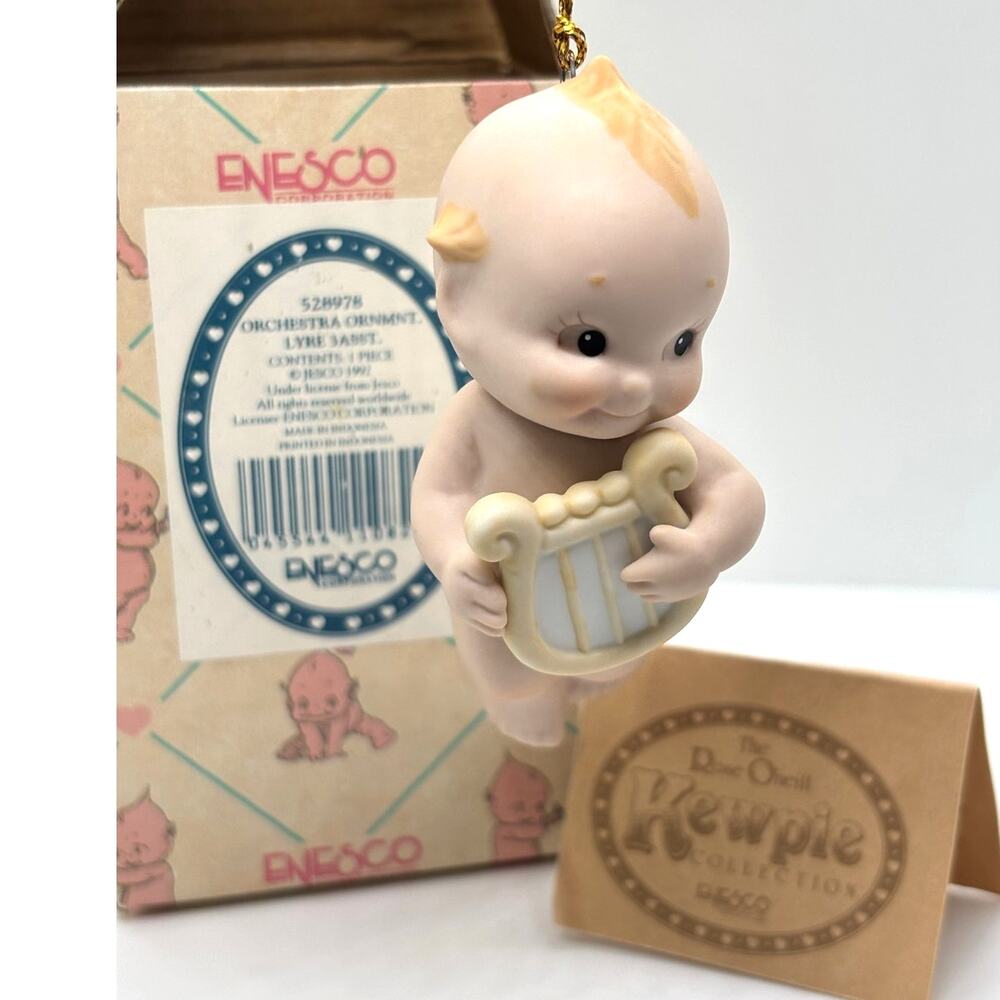 VTG 1992 Enesco, Rose O'Neill Porcelain Kewpie Doll Ornament with Lyre, w/Box